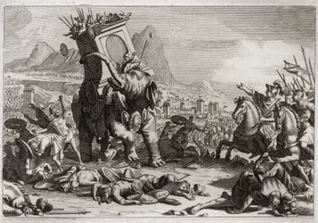 Royaumont Bijbel, Oude Testament: Moed van Eleazar. De Seleucidische koning Antiochos V Eupator, zoon van de goddeloze Antiochos IV Epifanes (175-164 v.Chr.), vocht na de dood van zijn vader tegen Judas Makkabeüs. Buitengewone actie van Eleazar.