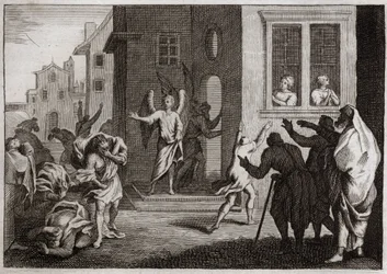 Bijbel van Royaumont, Oude Testament: Misdrijven van de Sodomieten. Lot ontvangt engelen in zijn huis. De Sodomieten (Sodom) willen hen geweld aandoen. De engelen slaan hen met blindheid. Illustratie uit 1811.