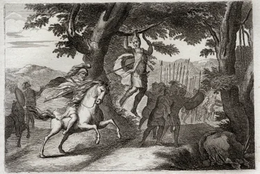Royaumont Bijbel, Oude Testament: Dood van Absalom. Absalom vluchtend uit de strijd wordt bij zijn haar aan een eik vastgehouden, of Joab doorboort zijn hart met drie pijlen. Illustratie uit 1811.