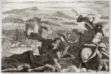 Bijbel van Royaumont, Oude Testament: Dood van Judas. Nederlaag van Demetrios I Soter en Nicanor. Dood van Judas Machabee (Maccabee, Macabee) in de strijd. Illustratie uit 1811.