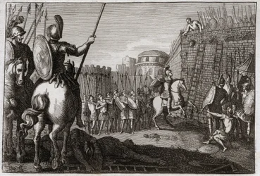 Bijbel van Royaumont, Oude Testament: Dood van Seba. En Seba (Sheba) kwam in opstand tegen David en nam de tien stammen mee, en Joab achtervolgde hem in Abela, waar zijn hoofd werd afgehakt op advies van een vrouw. Illustratie uit 1811.