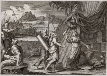 Bijbel van Royaumont, Oude Testament: dood van Sisera. Jaël doodt het hoofd van het Kanaänitische leger Sisra (Sisera of Sisara). Illustratie uit 1811.