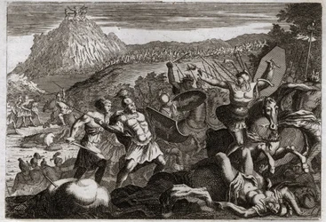 Royaumont Bijbel, Oude Testament: Nederlaag van Amalek. Mozes behaalde de overwinning op de Amalekieten door zijn handen hoog in de hemel te houden. Illustratie uit 1811.