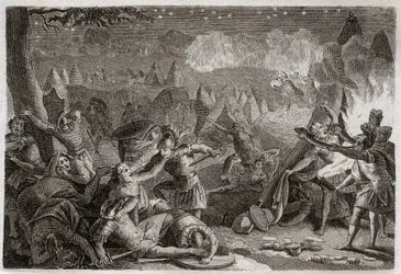 Bijbel van Royaumont, Oude Testament: Nederlaag van de Midianieten door het geluid van de trompetten en de lichten van de lampen. Illustratie uit 1811.