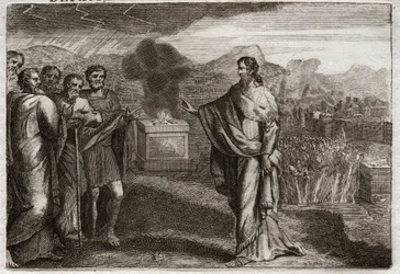 Bijbel van Royaumont, Oude Testament: Nederlaag van de Filistijnen. Samuel offert een brandoffer aan God. Daarna verdedigen de Joden zich tegen de Filistijnen. Illustratie uit 1811.