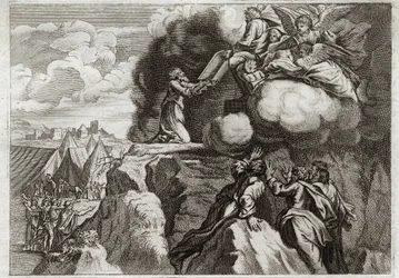 Royaumont Bijbel, Oude Testament: Eerste Tafelen van de Wet. God geeft de Wet aan zijn volk op de berg Sinaï. Mozes ontvangt de 10 Geboden uit de handen van God. Illustratie uit 1811.
