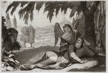 Bijbel van Royaumont, Oude Testament: Vlucht van Elia. Elia vlucht voor de woede van Izebel, die wraak op hem wilde nemen voor de dood van haar valse profeten, en wordt in de woestijn ondersteund door een engel die hem voedsel brengt. Illustratie uit 1811.