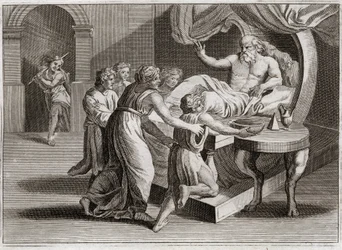 Bijbel van Royaumont, Oude Testament: Isaak zegent Jakob. Isaak, die Esau wilde zegenen, geeft zijn zegen aan Jakob door de wijsheid van Rebekka, aan wie het volgens Gods plan toebehoorde. Illustratie uit 1811.