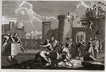 Bijbel van Royaumont, Oude Testament: Herbouw van Jeruzalem. Koning Artaxerxes I stuurde Nehemia naar Jeruzalem met toestemming om alle muren te herbouwen. Illustratie uit 1811.