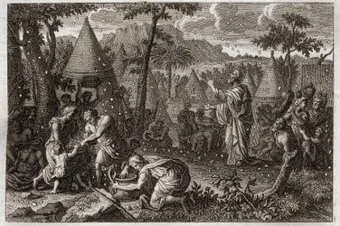Bijbel van Royaumont, Oude Testament: Joden in de woestijn (of de oogst van manna). God laat veertig jaar lang manna uit de hemel vallen. Illustratie uit 1811.