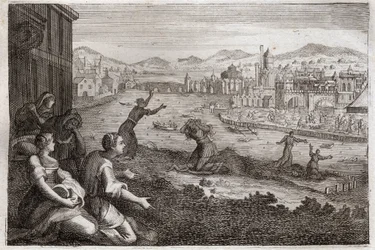 Bijbel van Royaumont, Oude Testament: Vroedvrouwen van Egypte. Farao laat de mannelijke kinderen van de Israëlieten in de Nijl werpen. Illustratie uit 1811.