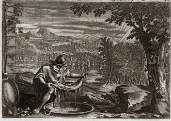 Bijbel van Royaumont, Oude Testament: Wonder van de Vacht. Gideon verkreeg van God het wonder van de vacht als bewijs dat hij hem had gekozen en dat hij hem de bevrijder van zijn volk zou maken. Illustratie uit 1811.