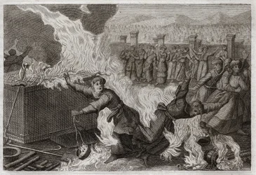 Bijbel van Royaumont, Oude Testament: Nadab en Abiu. Nadab (Nadav) en Abiu (Abihou), de zonen van Aäron, die een vreemd vuur in hun wierookvaten zetten om wierook aan God te offeren, werden in de tabernakel zelf verbrand. Illustratie uit 1811.