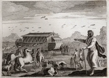 Bijbel van Royaumont, Oude Testament: Ark van Noach. God, boos over de overtredingen van de mensen, besluit iedereen te straffen met een zondvloed; en om Noach, die rechtvaardig was, te redden, beveelt Hij hem de Ark te maken. Illustratie uit 1811.