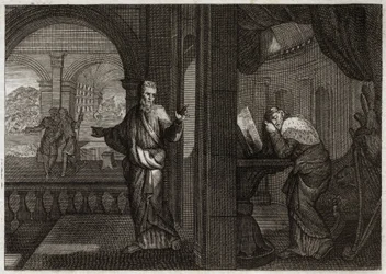Bijbel van Royaumont, Oude Testament: Boetedoening van David. God stuurt zijn profeet Nathan naar David om zijn fout te vertegenwoordigen. Het berouw dat deze heilige koning ervan kreeg, maakt dat hij alle kwalen accepteert die de profeet hem voorspelde. I