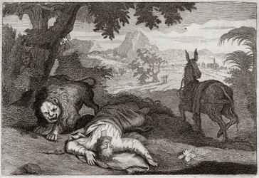 Bijbel van Royaumont, Oude Testament: Ongehoorzame profeet. Een profeet, die Jerobeam van zijn goddeloosheid had afgehaald, wordt gedood door een leeuw omdat hij de Heer niet had gehoorzaamd, die hem had verboden te eten en drinken op deze plaats. Illustra