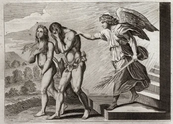 Bijbel van Royaumont, Oude Testament: Straf van Adam. God verdrijft Adam en Eva uit het Paradijs na hun val, en plaatst een cherubijn bij de deur om hun toegang te verdedigen. Illustratie uit 1811.