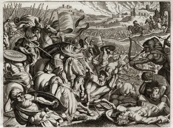 Bijbel van Royaumont, Oude Testament: Straf van de Benjaminieten. De stam van Benjamin wordt uitgeroeid. Illustratie uit 1811.