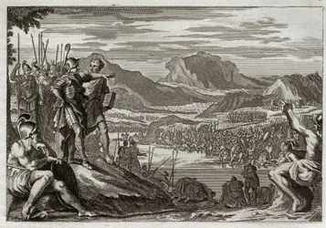 Royaumont Bijbel, Oude Testament: Soldaten van Gedeon. God beveelt Gedeon (Gideon) om al zijn troepen naar de Jordaan te leiden en geeft hem een teken om degenen te onderscheiden die hij moest gebruiken om tegen de Midianieten te vechten. Illustratie uit 1