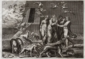 Bijbel van Royaumont, Oude Testament: De Regenboog. Noach verlaat de Ark en offert een offer aan God die het gunstig ontvangt. Hij belooft geen zondvloed meer op aarde te sturen. Hij geeft de regenboog als teken van de waarheid van deze belofte. Illustrati