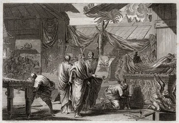 Bijbel van Royaumont, Oude Testament: De Tabernakel. Mozes laat de Tabernakel opzetten volgens het bevel dat hij van God had ontvangen. Illustratie uit 1811.