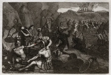 Bijbel van Royaumont, Oude Testament: Dieven van Siceleg. Enkele Amalekieten komen Siceleg plunderen in afwezigheid van David. Hij rent woedend en verslaat hen. Illustratie uit 1811.