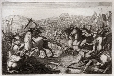 Bijbel van Royaumont, Oude Testament: Overwinning van Judas. Judas Makkabeüs versloeg Apollonius, Seron, Ptolemee Macron, Gorgias, Nicanor en Lysias in verschillende veldslagen. Illustratie uit 1811.