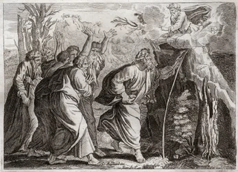 Bijbel van Royaumont, Oude Testament: Water uit de Rots. Mozes brengt water uit de rots en geeft het volk van Israël te drinken. Illustratie uit 1811.