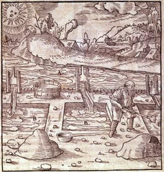 Bitumenwinning. Georg Bauer "Agricola De Re metallica" boek uit de 15e eeuw. Bibl. van het Wetenschapsmuseum, Milaan.