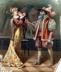 Blauwbaard. Sprookje van Charles Perrault. 1697. Chromolithografie van het einde van de 19e eeuw. Sticker “Bij de goedkope”. “Blauwbaard ondervraagt zijn vrouw die probeerde de kast binnen te gaan waar Blauwbaards vrouwen werden vermoord.”