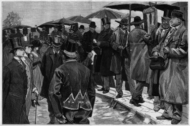 Boekmakers op de renbaan van Auteuil voordat de palen werden verwijderd, in "Le Monde Illustré" 1887