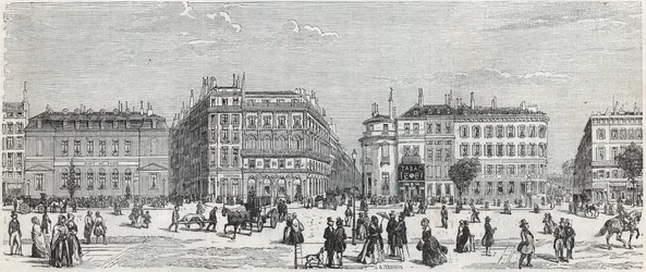 Boulevard des Italians met het café de Paris, de rue Taitbout, het huis doree, de rue Lafitte, het café Riche en rue Lepelletier - Gravure in 