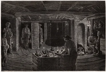 Ontbijt in de mijn, distributie en consumptie van mandmaaltijden aan mijnwerkers in de kolenmijngalerijen van de Creusot. Gravure ter illustratie van een reis naar de Creusot en de mijnen van Saone en Loire, in 1865, door L. Simonin, in 