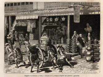 Bronzen winkel in Yedo (of Edo, het huidige Tokio), specialiteit van de stad, met voorwerpen van boeddhistische aanbidding: bellen, gongs, trommels, vazen, kandelaars, wierook en beelden, maar ook minder rituele voorwerpen zoals sakekannen, lampen, vuurpot