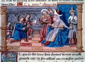 Broers Nicolo en Matteo Polo, vader en oom van de jonge Marco Polo (1254-1324) werden ontvangen aan het hof van de Grote Qubilai (Kubilai Khan, eerste keizer van de Mongoolse Yuan-dynastie (1215-1294), Mongoolse keizer in 1271)