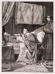 Kardinaal Richelieu aan het sterfbed van Vader Joseph - gravure