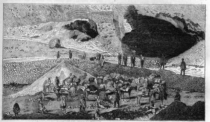Cerro de Pasco zilvermijn in Peru: transport van erts op de rug van muilezels. Gravure in La Nature