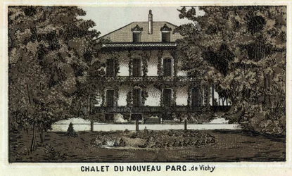 Chalet van het nieuwe park van Vichy (Allier en de Auvergne-regio). Chromolithografie van het einde van de 19e eeuw
