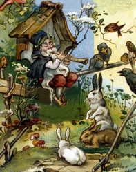 Karakter van de dwerg of farfadet fluitspeler. 19e eeuwse chromolithografie.