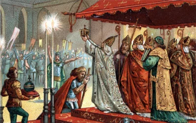 Karel de Grote (742-814), op 25 december 800 door paus Leo III (circa 750-816) gekroond in de Sint-Pietersbasiliek in Rome - Wijding (kroning) van Karel de Grote (742-814) in 800 door paus Leo III