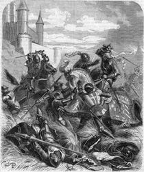 Karel de Stoute, hertog van Bourgondië (1433-1477) bij de Slag bij Montlhéry in 1465. Gravure uit de 19e eeuw.