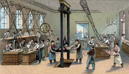 Chocoladeproductie: gieten. Chromolithografie van het einde van de 19e eeuw.