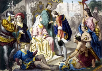 Christoffel Columbus voor de katholieke koning Ferdinand II van Aragon en koningin Isabella I van Castilië, bij zijn terugkeer uit Amerika