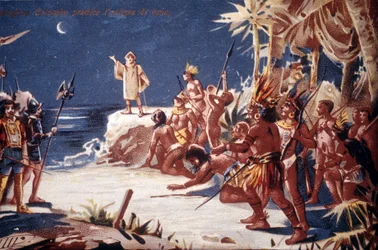 Christoffel Columbus voorspelt de maansverduistering aan de Indianen. 19e-eeuwse chromolithografie