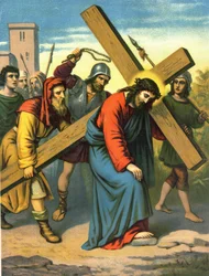 Chromolithografie van het einde van de 19e eeuw die het leven van Christus uitbeeldt: Jezus draagt zijn kruis