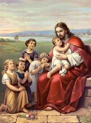 Chromolithografie van het einde van de 19e eeuw die het leven van Christus vertegenwoordigt