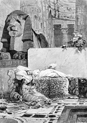 Cleopatra (69 v.Chr. - 30 v.Chr.) en Antonius of Marcus Antonius (83 v.Chr. - 30 v.Chr.) na de nederlaag tegen het Romeinse Rijk. Gravure uit de 19e eeuw.