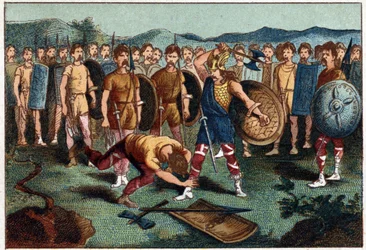 Clovis (465-511) en de Frankische krijger die de Vaas van Soissons brak in 486 - Clovis I schiet de soldaat neer die de Vaas van Soissons had gebroken, in 486. Chromolithografie van de 19e eeuw