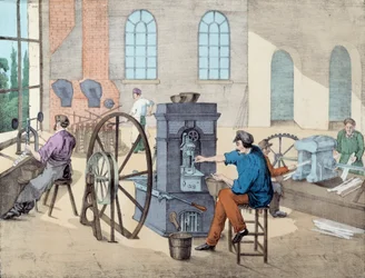 Muntproductie: arbeiders werken in een fabriek in verschillende stadia, gieten en slaan van munten. Gravure uit de 19e eeuw Parijs, decoratieve kunsten