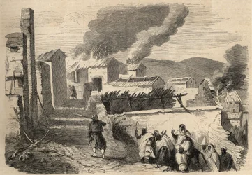 Verovering van Algerije: expeditie naar Groot Kabylia in 1857. Onderwerping van de Beni-Yenni op basis van een tekening door de heer Ameller, bataljonsleider bij de 1e Zouaven. Gravure in 